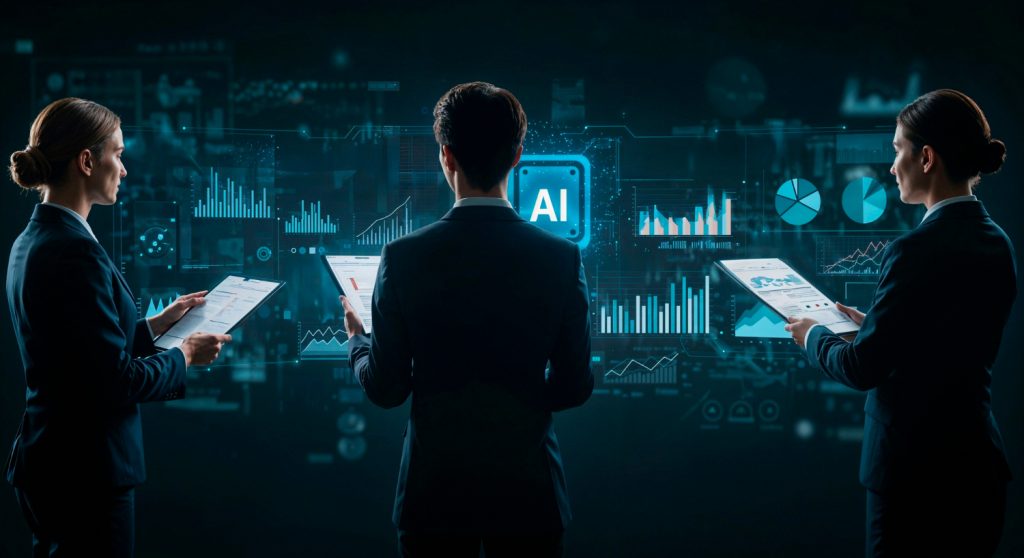Artificial intelligence supporting business strategy alongside human decision-making.